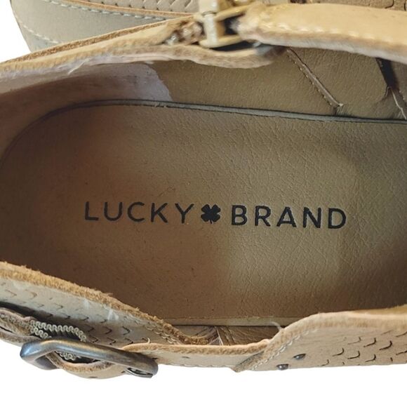 Lucky Brand Toupe Leather Perferated Buckle Cutout Zip Ankle Boots Size 8.5 - Picture 9 of 11